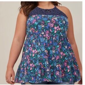 Torrid Blue Floral Top with Lace Accents